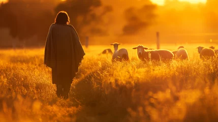 Muurstickers Jesus as a shepherd in an open field at sunset, watching over his flock, depicted with long shadows cast by the setting sun. , natural light, soft shadows, with copy space © Катерина Євтехова