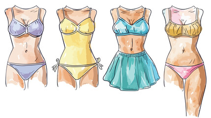 Four swimsuits. Hand drawn colored vector set. All el - obrazy, fototapety, plakaty