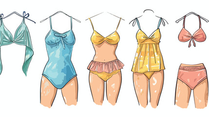 Four swimsuits. Hand drawn colored vector set. All el - obrazy, fototapety, plakaty