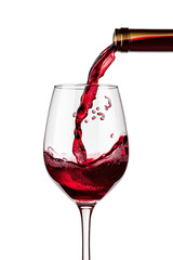 Close-up of red wine pouring into wine glass isolate on white background.