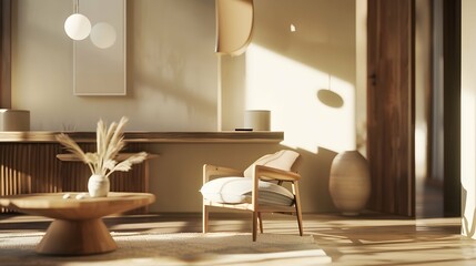 Home interior mock up, cozy modern room with natural wooden furniture, 3d render