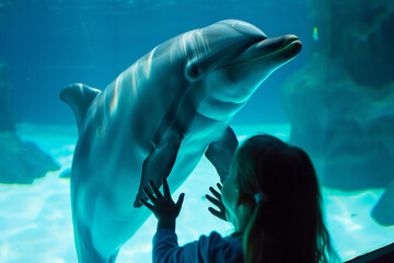 Fototapeta premium Silhouettes of children marveling at a dolphin through the glass of an aquarium, capturing a moment of wonder and connection with marine life