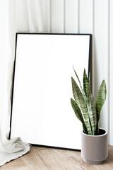 Snake plant in a gray plant pot by a picture frame mockup on the floor