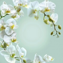 White Orchids on Soft Green - Beautiful white orchid flowers cascade over a soothing green background, symbolizing purity and a fresh start