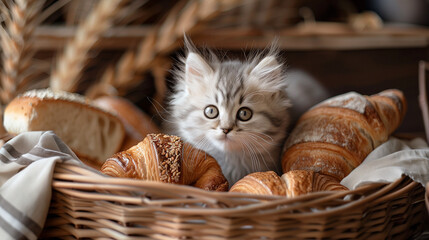 A fluffy white kitten rests inside a rustic wicker basket filled with freshly baked bread and pastries, peeking out adorably as it sniffs a croissant. The endearing scene captures the kitten's