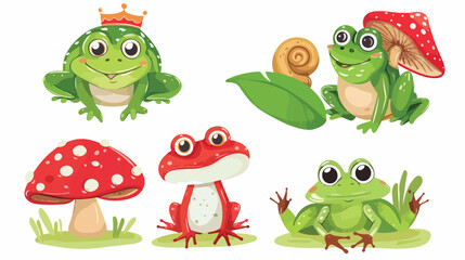 Set of cute Frogs. Frog with crown sitting on a red m
