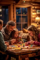 family is sitting around a table while playing a board game. ai generated