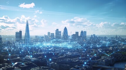 Cityscape of London's finance hub featuring an intricate web of data connections. Generative AI...