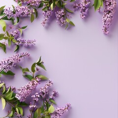 Purple lilac blossoms decorating lavender background - Romantic purple lilacs adorn the edges of a serene lavender background, embodying spring and the feeling of renewal