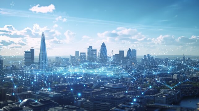Cityscape of London's finance hub featuring an intricate web of data connections. Generative AI hyper realistic  - Powered by Adobe