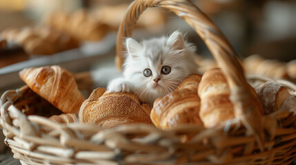 A fluffy white kitten rests inside a rustic wicker basket filled with freshly baked bread and pastries, peeking out adorably as it sniffs a croissant. The endearing scene captures the kitten's - obrazy, fototapety, plakaty