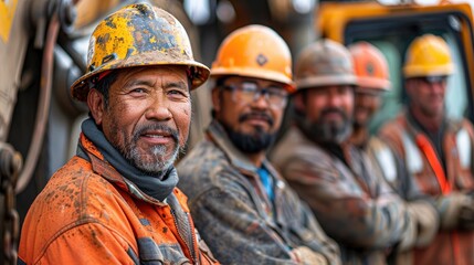 group portrait of construction workers with background of excavation machineryphoto illustration