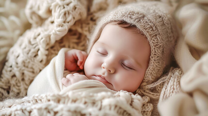 Fototapeta na wymiar Cute newborn baby sleeping under the knitted blanket. Close up. baby wearing bodysuit lies on white bedsheets at home. Cute little infant sleeps on soft blanket. Baby care, clothing, products, health