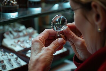 Craftsman meticulously inspects gemstones with magnifying glass in a focused workshop environment