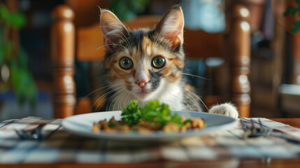 A calico cat sits politely at a small dining table, complete with a tiny chair, looking curiously at a plate of gourmet cat food garnished with a sprig of parsley.  - obrazy, fototapety, plakaty