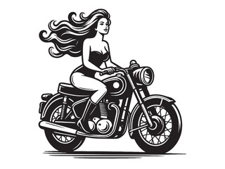 Plakat Beautiful young woman riding a motorcycle. vintage engraving isolated illustration, icon, emblem