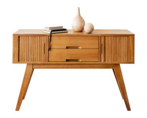 Wooden sideboard table with books and a vase