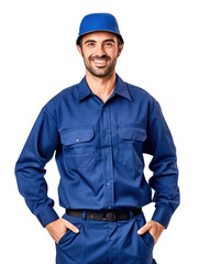 technical man wear blue uniform in white background