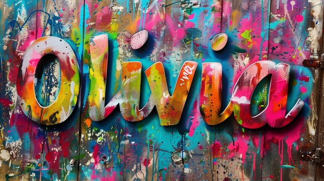 Olivia woman name in colorful spray stain word art in grafity style
