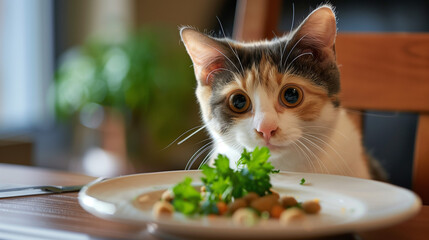 A calico cat sits politely at a small dining table, complete with a tiny chair, looking curiously at a plate of gourmet cat food garnished with a sprig of parsley. 