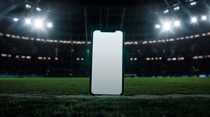 Smartphone in white screen for mock up on football stadium arena for match