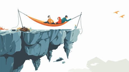 Steep cliff camping. Climbers relaxing on hammock sus - obrazy, fototapety, plakaty