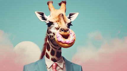 Dapper Giraffe Enjoying a Sprinkle Donut Stylish Portrait
