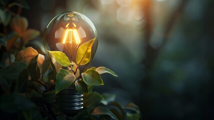 glowing light bulb with leaves inside bulb, isolated on background with copy space. concept of...