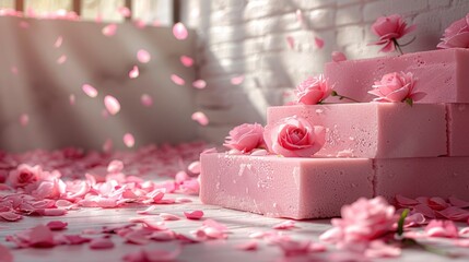 pink product podium placement on solid background with rose petals falling luxury premium beauty fashion cosmetic and spa gift stand presentation valentine day present showcaseimage illustration