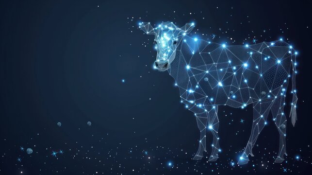 Abstract image of a cow in the form of a starry sky or space, consisting of points, lines, and shapes in the form of planets, stars and the universe. AI generated