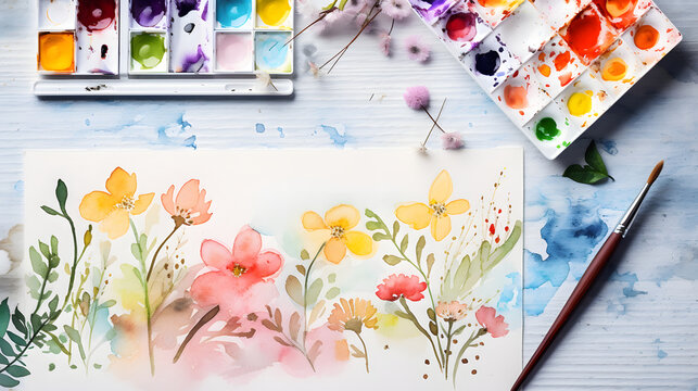 Artistic Watercolor Painting of Flowers with Paint Palette and Brush on Wooden Surface