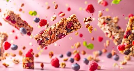 Vegan muesli bars with berries and nuts levitation. Levitating Protein granola bars with cereals on pink background. Energy cereal snack. Fitness diet food.