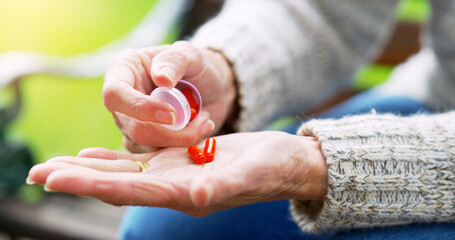Person, hand and pill bottle for healthcare tablet or life extension drugs, anti aging or...