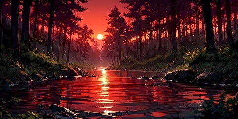 Lake landscape, red background, anime illustration