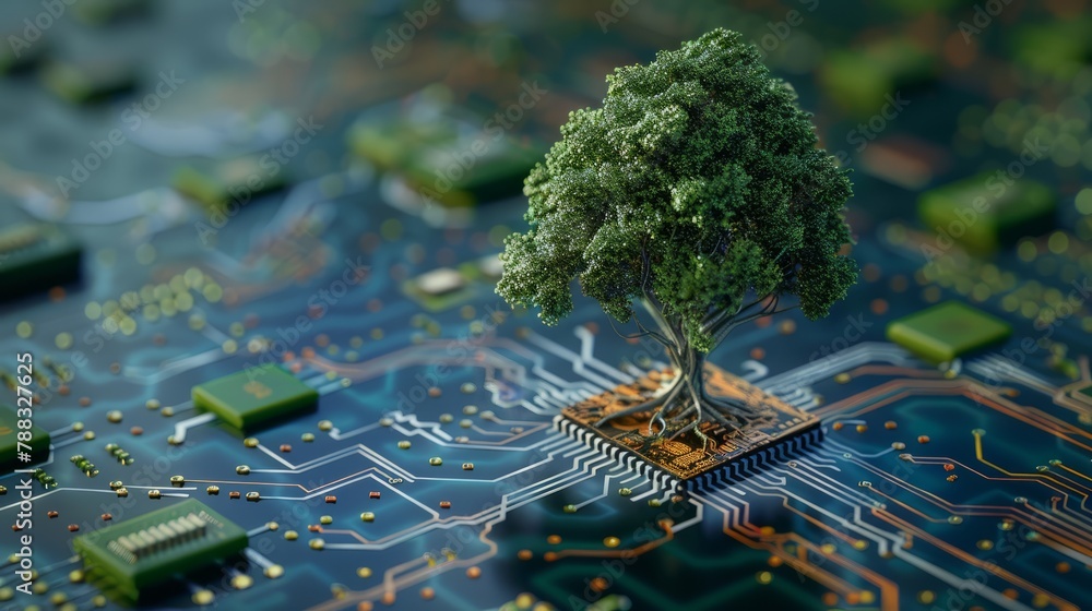 Poster a tree standing tall on top of a circuit board. perfect for illustrating the connection between natu