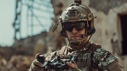 A man in a camouflage military uniform holds a remote control from the latest drone in his hands. He's wearing a helmet and sunglasses.