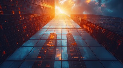 picture of modern skyscrapers of a smart city futuristic financial district with buildings and reflections blue color background for corporate and business template with warm sun rays of lightimage - obrazy, fototapety, plakaty