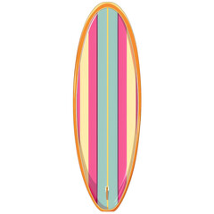 A surfboard with pink and blue stripes.