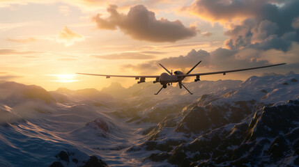 A modern combat military UAV flies over a snow-covered mountain range at sunset. The drone is a...