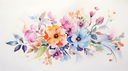 Fototapeta na wymiar Elegant Watercolor Floral Arrangement with Vibrant Flowers and Leaves