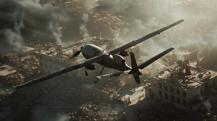 A military combat UAV flies over a ruined city. The sky is covered with smoke, and the ground is littered with debris.