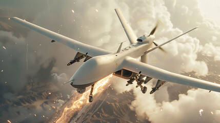 A white military combat drone flies through a cloud of smoke and fire. The drone is attacking enemy targets.