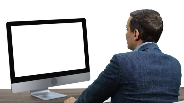 Businessman having webcam meeting on blank screen with alpha channel, Full HD footage with alpha transparency channel isolated on white background