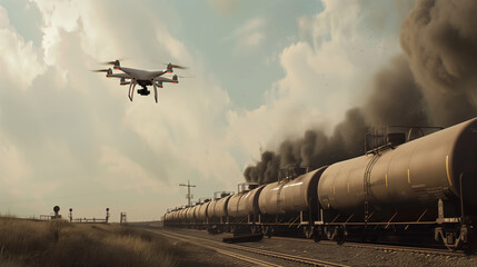 A military reconnaissance UAV flies over a train full of fuel wagons. The sky is overcast and the train is shrouded in smoke - obrazy, fototapety, plakaty