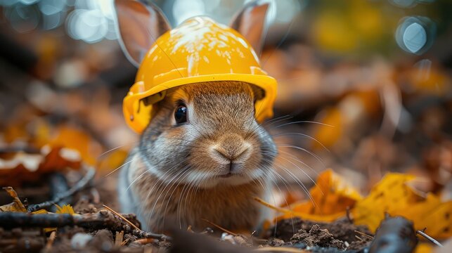 photography in colors of a rabbit with a site helmet on its head a in a construction bagimage illustration