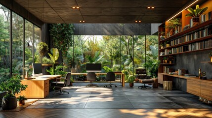 Fototapeta premium spacious open space office with modern furniture office chairs work desks green natural plants and led lighting workspace organization conceptphoto illustration
