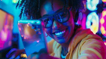 An adult african american woman is is making a selfie while smiling with a telephone behind a computer while gaming a high tech social media woman hyper realistic 