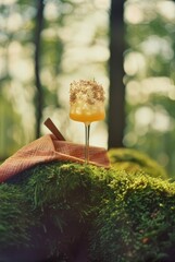 Yellow cocktail on a wooden stand on a background of green moss.
