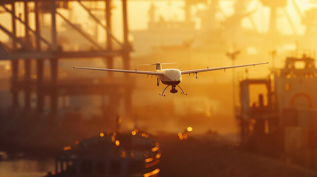 A small white military UAV flies over the city against the sunset background. The drone flies low above the ground and takes pictures or surveys the area.
