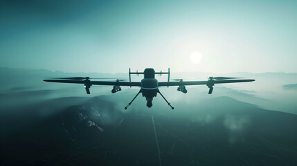 A large modern stylish military combat drone flies over a mountain range. The sky is overcast, the...